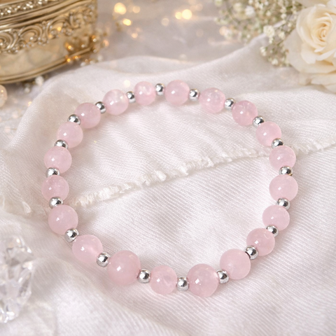 Луксозна гривна с розов кварц и сребро 925, естествени камъни, Талисман за любов и хармония